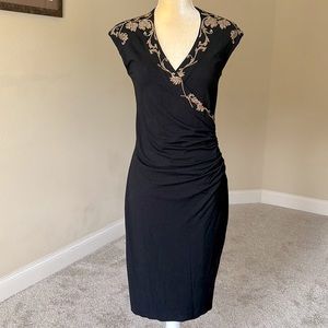 EUC Cache black faux-wrap dress with golden embellishments, sz L